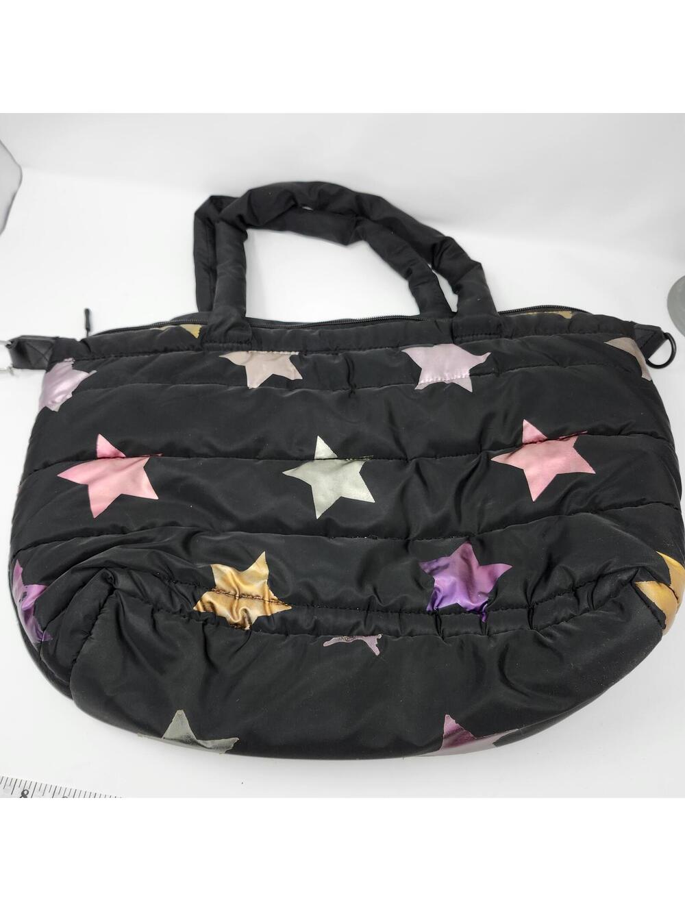 Metallic Star Puffer Tote Bag Black Quilted Overnight Travel Bag